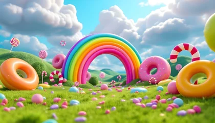 Fotobehang Regenboog Candyland background with rainbow, candy house, and lollipops on the grass field cartoon design for game background or wallpaper. Lollipop candy green background. Picture of green grass.   © designhunt