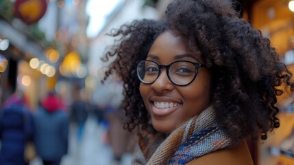 A woman in stylish glasses and a colorful scarf smiles for the camera