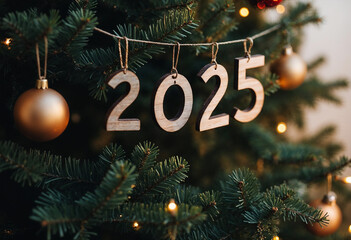 wooden numbers on the Christmas tree 2025 new year