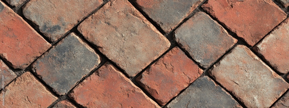 Poster A close-up view of interlocking brick pavement in various shades of red and gray.