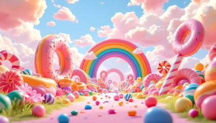Candyland background with rainbow, candy house, and lollipops on the grass field cartoon design for game background or wallpaper. Lollipop candy green background. Picture of green grass.  © designhunt