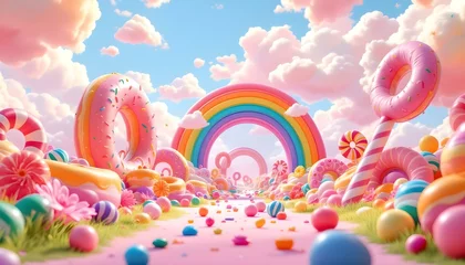 Candyland background with rainbow, candy house, and lollipops on the grass field cartoon design for game background or wallpaper. Lollipop candy green background. Picture of green grass. 