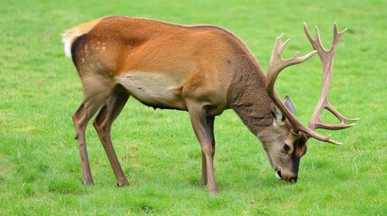 Red deer stag grazing on vibrant green grass, showcasing impressive antlers during the autumn rut with a softly blurred background.