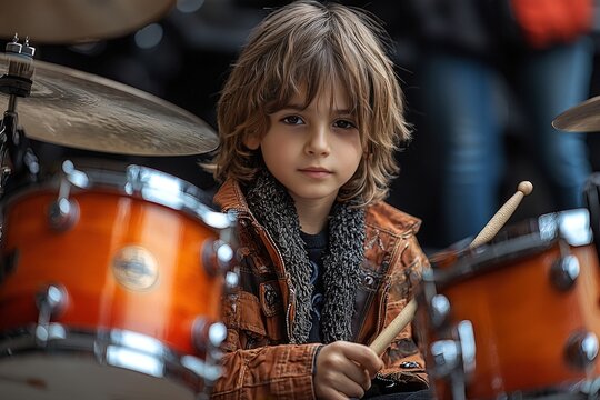 Young drummer in action: passionate child playing the drums
