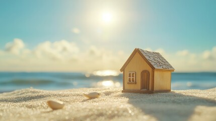 Miniature wooden toy house on a sunlit beach with sparkling ocean waves and a bright sky, perfect for family lifestyle imagery and real estate themes.