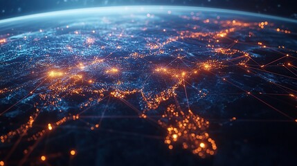 Fototapeta premium 3D render of global digital network connections on a world map with connecting dots and lines