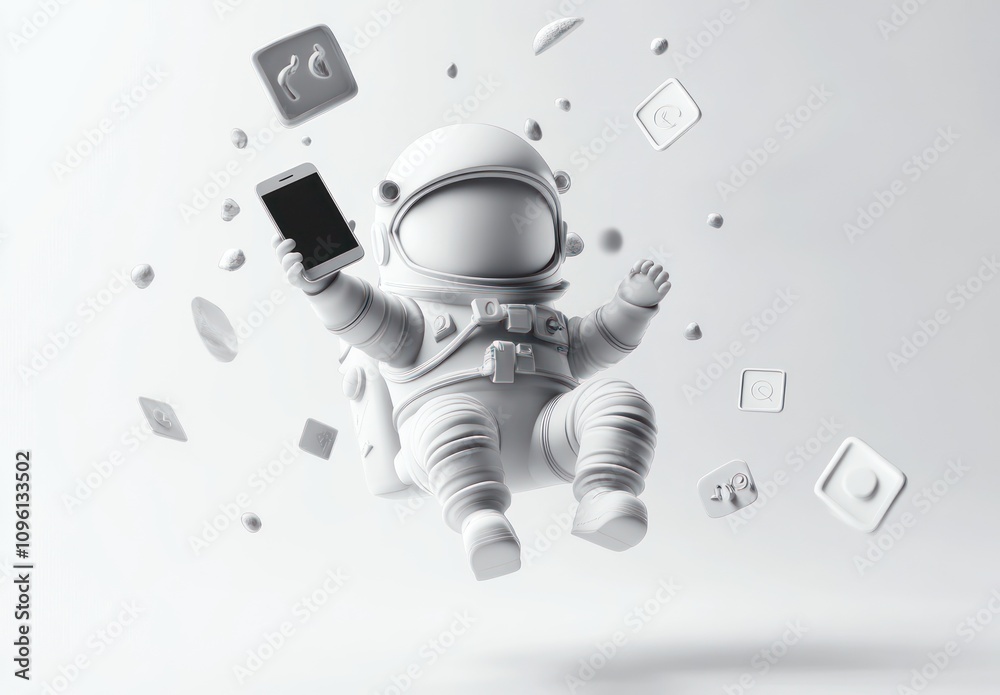 Poster a stylized astronaut holding a smartphone amidst floating app icons in a minimalistic setting.