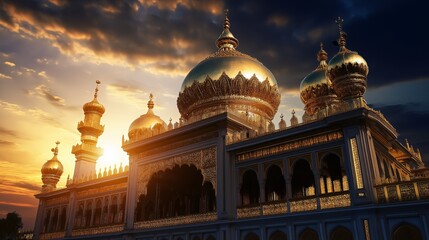 Obraz premium Golden temple domes glowing under a vibrant sunset. 