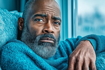 Reflective man with gray beard sitting by window in blue sweater conveying introspection, contemplation, and solitude in a serene indoor setting