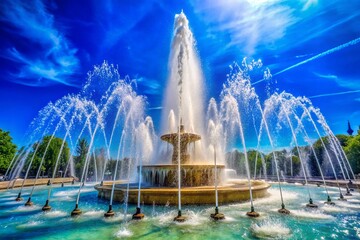 Fototapeta premium Majestic Water Fountain Sky Display, Stunning Blue Sky