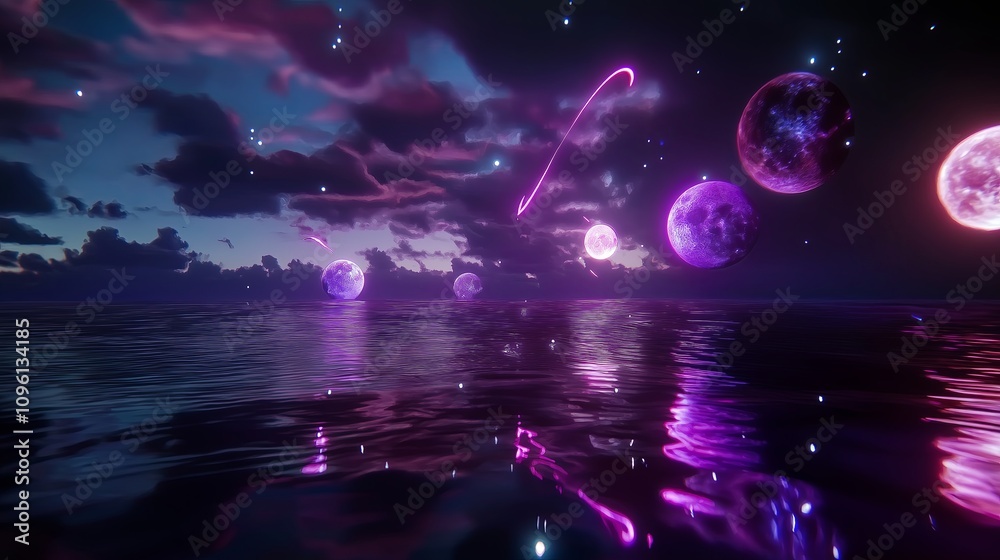 Poster Intergalactic scene with multiple moons and stars reflecting on a calm alien ocean