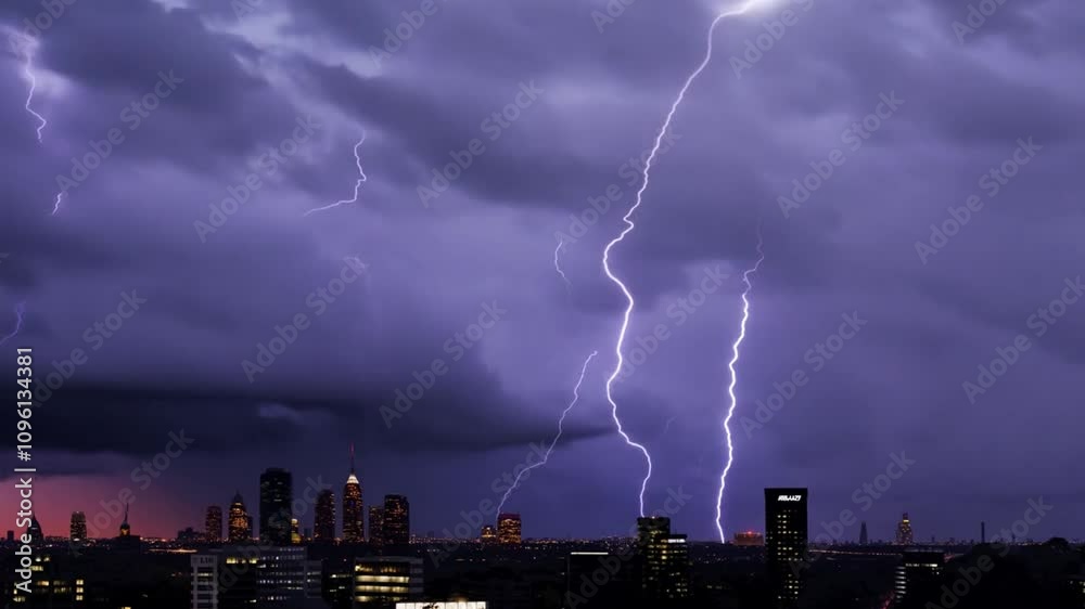 Aufkleber dark clouds hover over the city, illuminated by striking bolts of lightning as twilight descends, ca
