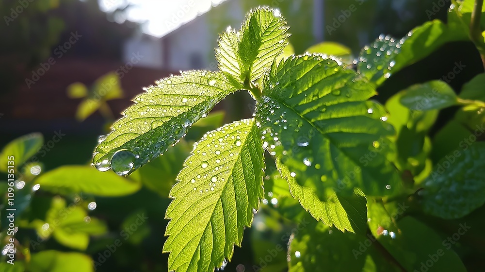 Poster Macro view of a single dew-covered leaf with water droplets sparkling in sunlight. --ar 16:9 --personalize v73lhwr --v 6.1 Job ID: 4b33bc4d-b76f-4552-b141-482edfc90592
