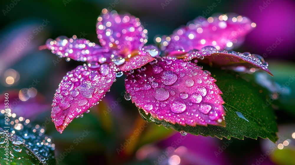 Aufkleber macro view of a single dew-covered leaf with water droplets sparkling in sunlight
