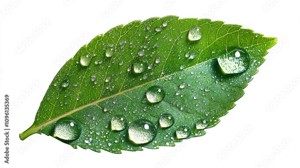 Poster Macro view of a single dew-covered leaf with water droplets sparkling in sunlight
