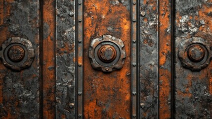 Fototapeta premium Rustic grunge background showcasing a blend of rusty dark metal and stone textures with prominent corten steel detailing and riveted elements.