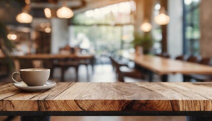 Charming blurred coffee shop and restaurant interior featuring an empty wooden table, perfect as a backdrop for showcasing products, designs, or creating a cozy atmosphere in visual