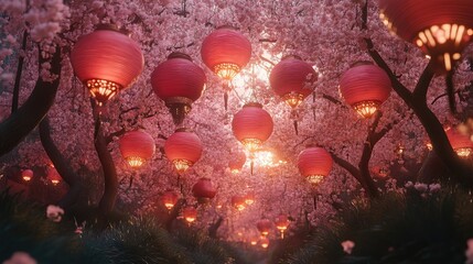 Vibrant pink lanterns illuminate a serene pathway lined with blooming cherry blossom trees under a soft golden light.