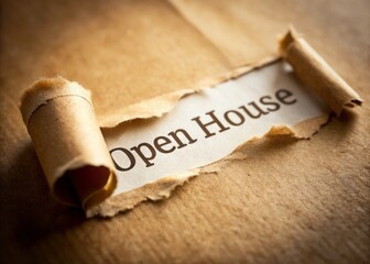 Open House Invitation Behind Torn Brown Paper with Tilt-Shift Photography Effect for Real Estate Marketing and Promotion