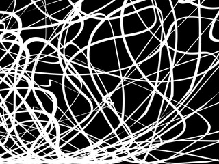 White tangled thread background. Circular abstract pen stroke vector illustration, on black background. Tangled scribbles hand drawn doodles. Vector illustration isolated on black background.