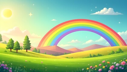 Colorful landscape with a rainbow field background kids child. Round product display podium on landscape background with a rainbow and mushrooms for baby and kid in pastel tone colors. 3D rendering