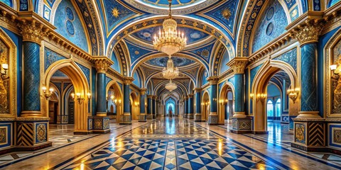 Obraz premium Ornate Blue and Gold Room with Intricate Archways and Elegant Marble Flooring Captured in Stunning Rule of Thirds Composition for Architectural and Interior Design Enthusiasts