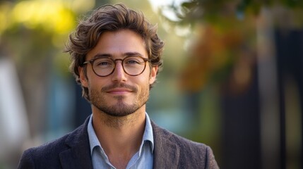 Naklejka premium Pewny siebie terapeuta w formalnym stroju, uśmiechający się na zewnątrz, prezentujący pomocne zachowanie i profesjonalny wygląd w spokojnym otoczeniu.