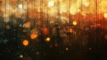 Obraz premium Raindrops trickling down a window create a tranquil and moody backdrop, with warm bokeh lights softly glowing in the blurred background.