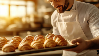 baker showcasing tray of golden croissants in bright kitchen, radiating warmth and passion for baking. scene captures joy of culinary artistry