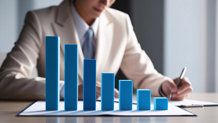 a businesswoman analyzing a graph showing the growth of her company, highlighting success, strategic planning, and data-driven decision-making in a corporate environment