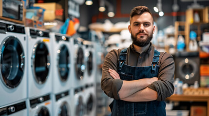 A bearded sales assistant in uniform stands confidently with his arms crossed in a home appliances store, with washing machines in the background.