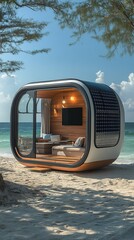 Portable office on the beach featuring a modular design with a beautiful ocean view in the background