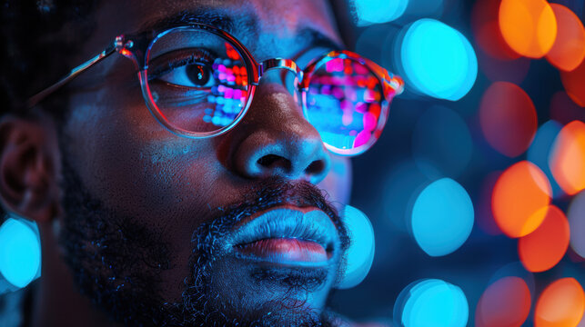 Close up African American programmer man wearing glasses in colorful digital light of cyber futuristic technology in laboratory
 - Powered by Adobe
