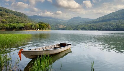 Serene Boat on a Tranquil Lake Surrounded by Lush Greenery and Clear Skies Capturing Natures Beauty at Its Finest with a Touch of Calmness and Reflection in a Scenic Outdoor Landscape