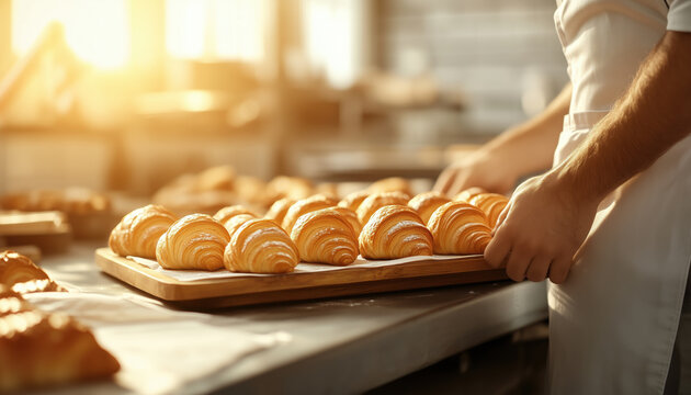 baker showcasing tray of croissants in bright bakery, warm light illuminating scene, highlighting delicious pastries and skillful hands of baker
