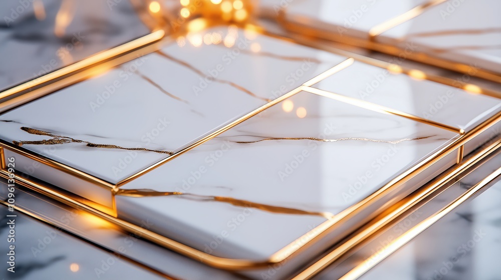 Poster modern minimalist patterns featuring thin gold lines on a white marble base.