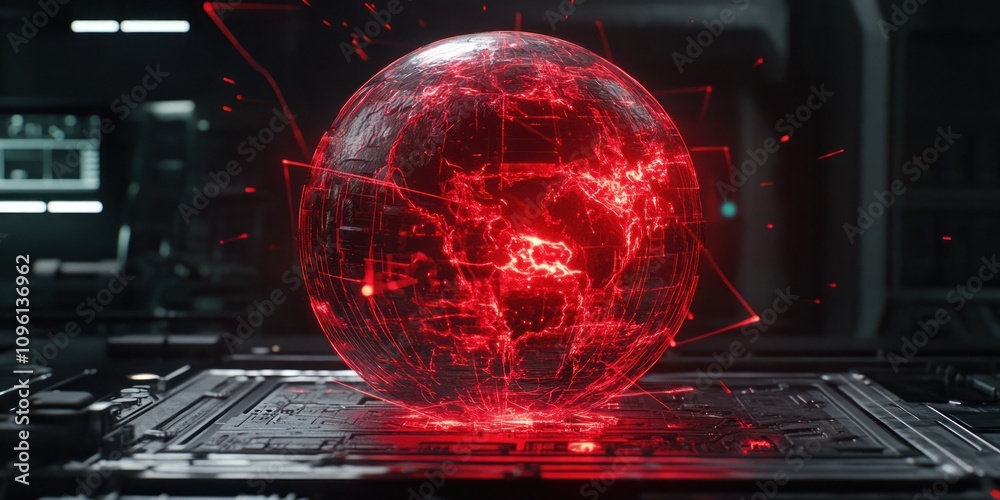Aufkleber A glowing red globe displays intricate data patterns in a futuristic setting.