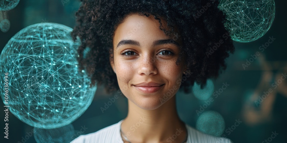 Aufkleber a young woman smiling with digital data visuals in the background, symbolizing innovation.
