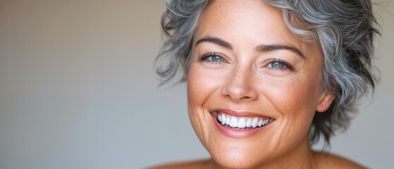 A close-up portrait of a beautiful, aging woman with a warm smile and striking grey hair. Soft lighting and a blurred background highlight her natural beauty and graceful aging.
