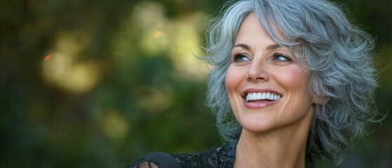 A close-up portrait of a beautiful, aging woman with a warm smile and striking grey hair. Soft lighting and a blurred background highlight her natural beauty and graceful aging.
