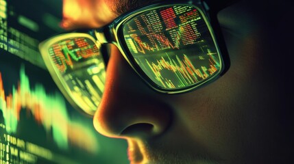 Man with glasses closely observing a computer screen displaying vibrant stock market charts reflected in his eyewear