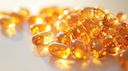 A close-up view of shiny orange gel capsules showcasing dietary supplements and vitamins arranged on a bright, reflective surface.