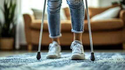 Close up of person walking with crutch
