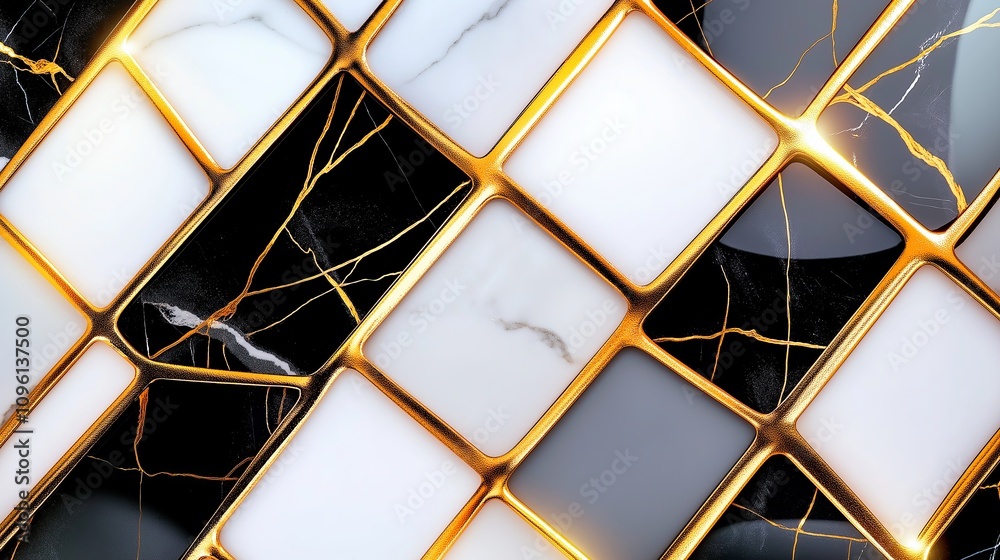 Poster modern minimalist patterns featuring thin gold lines on a white marble base.