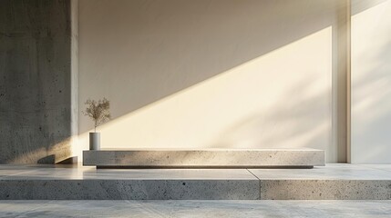 a bench sitting on the concrete steps in a room