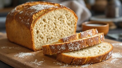 Rustic homemade sourdough bread, close-up food photography, warm loaf fresh from the oven, artisanal baking recipe, golden crust, airy texture, natural lighting