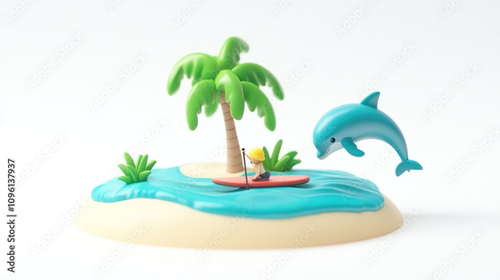 Poster a playful scene featuring a dolphin and a person paddleboarding near a palm tree.