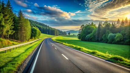 Fototapeta premium Serene Highway Scene: A Scenic Road with White Markings Surrounded by Lush Green Fields and Majestic Forest, Captured in Stunning Portrait Photography Format