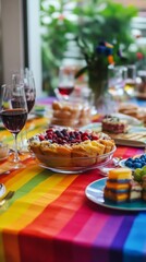 Colorful celebration table with berry cake and wine, showcasing a rainbow theme for joyful gatherings and special occasions.