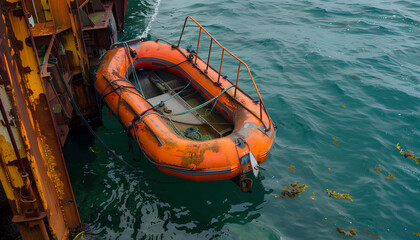 Obraz premium davit launched liferaft onshore, old rusty ship lifeboat, resque training stcw on vessel, seafarer education, orange safety boat
